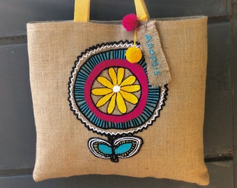 Boho Summer Jute Tote Bag, handmade and Hand appliqued with Bold Flowers,Unique, Stylish Beach Bag