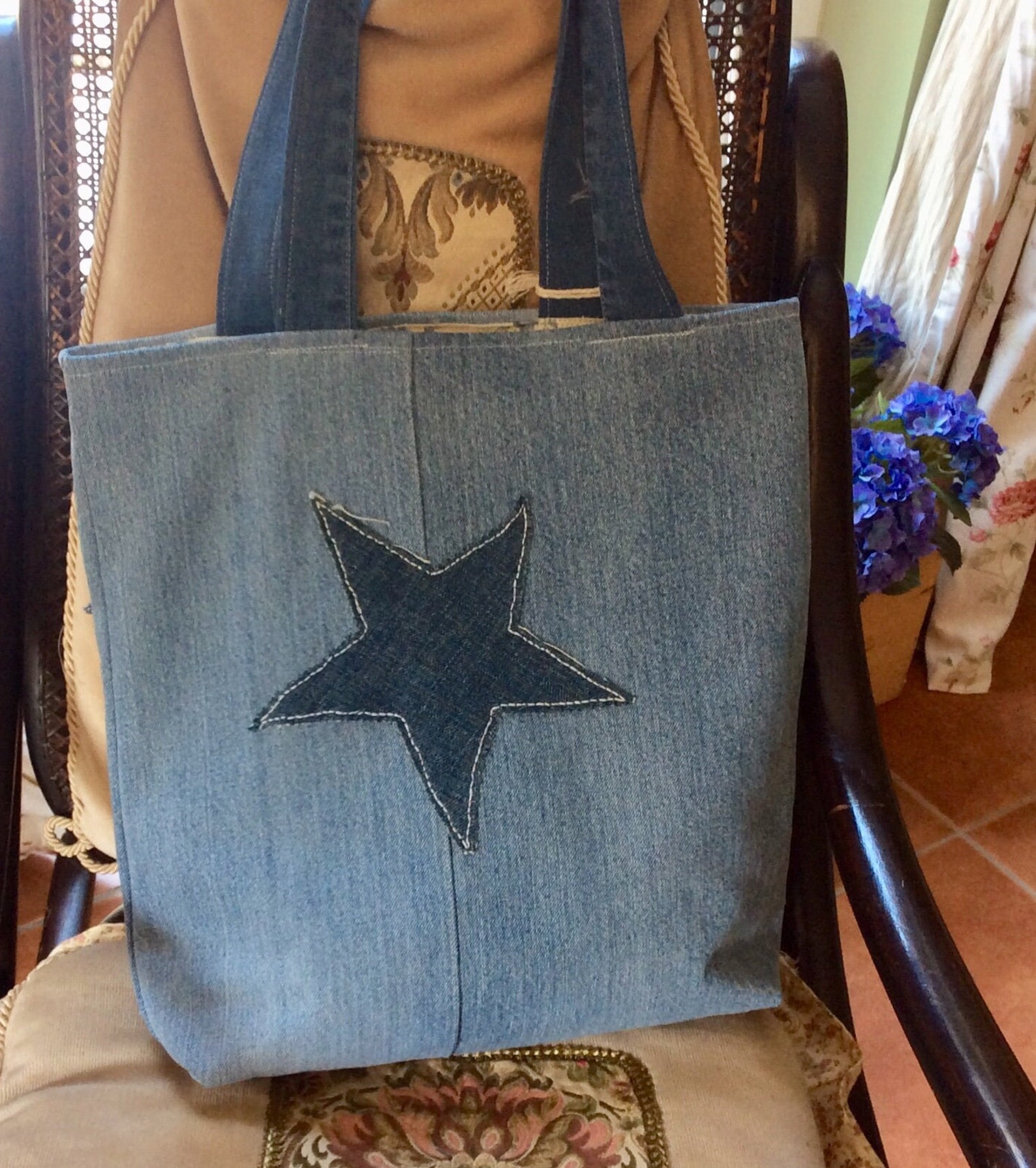 Denim Tote Handbag Hand Appliqued With Denim Stars Recycled Etsy