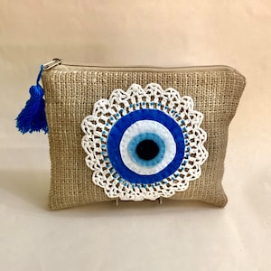 Hand Appliqued Evil Eye burlap Pouch Bag, handmade/hand crosset, artisan ,Spiritual Accessories, Christmas gift