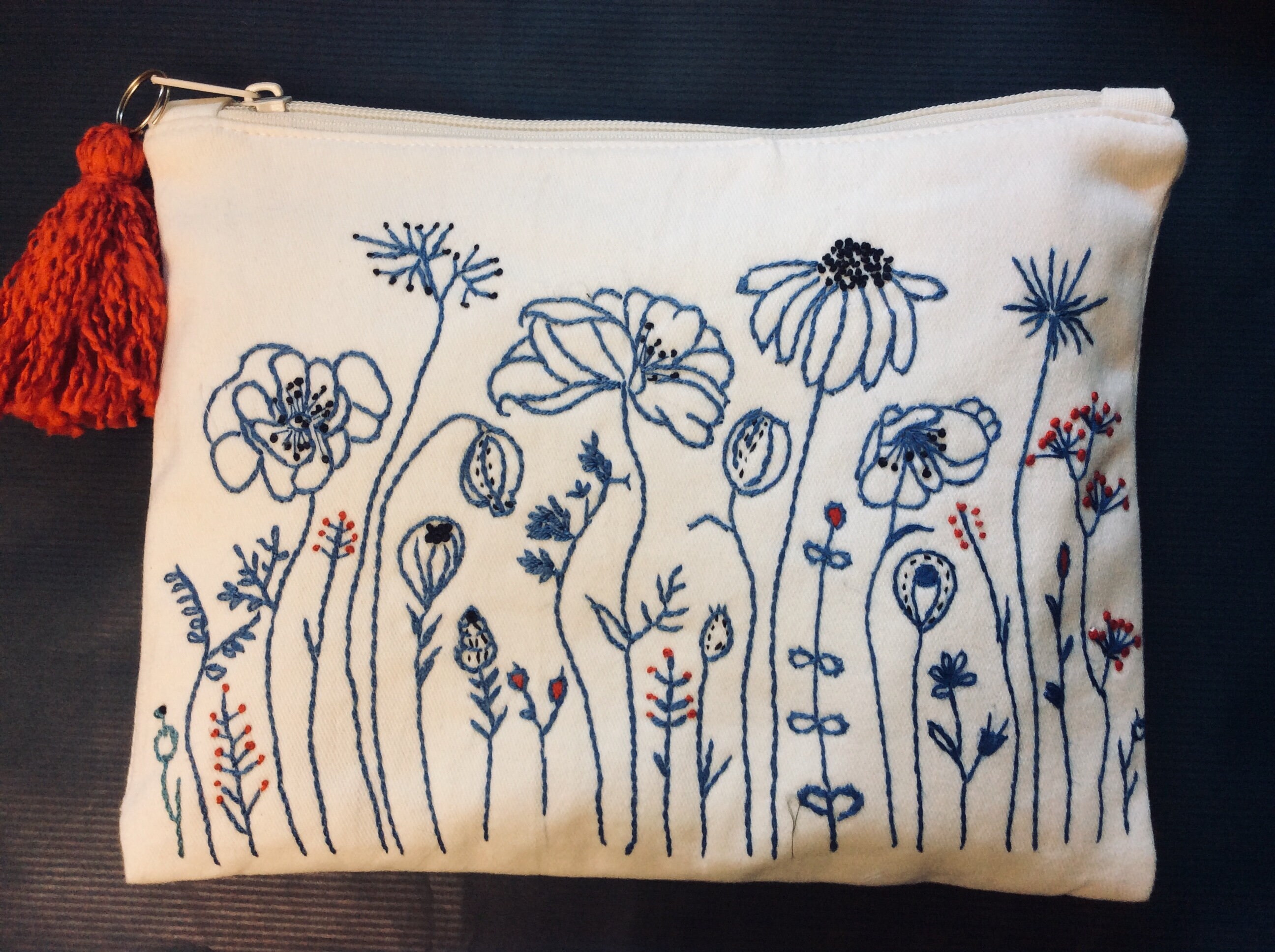 Cotton Pouch Bag Hand Embroidered With Blue Flowers Etsy