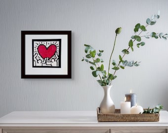 Contemporary Framed Hand Embroidered Wall Art in Black, White, and Red - Modern Home Decor, valentine home decor