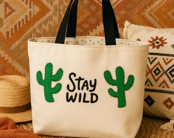 Embroidered Cactus Tote Bag: Handmade Canvas Eco Shopper with Organic Lining