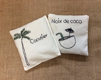 Lavender sachet gift set with natural organic lavender buds, hand embroidered French words, TROPICAL