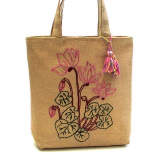 Cyclamen flowers hand embroidered jute tote bag, handmade, mothers day gift, Beach/summer/shopprs/carry all, Casual Tote Bag, image 1