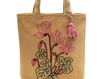 Cyclamen flowers hand embroidered jute tote bag, handmade, mothers day gift, Beach/summer/shopprs/carry all, Casual Tote Bag,