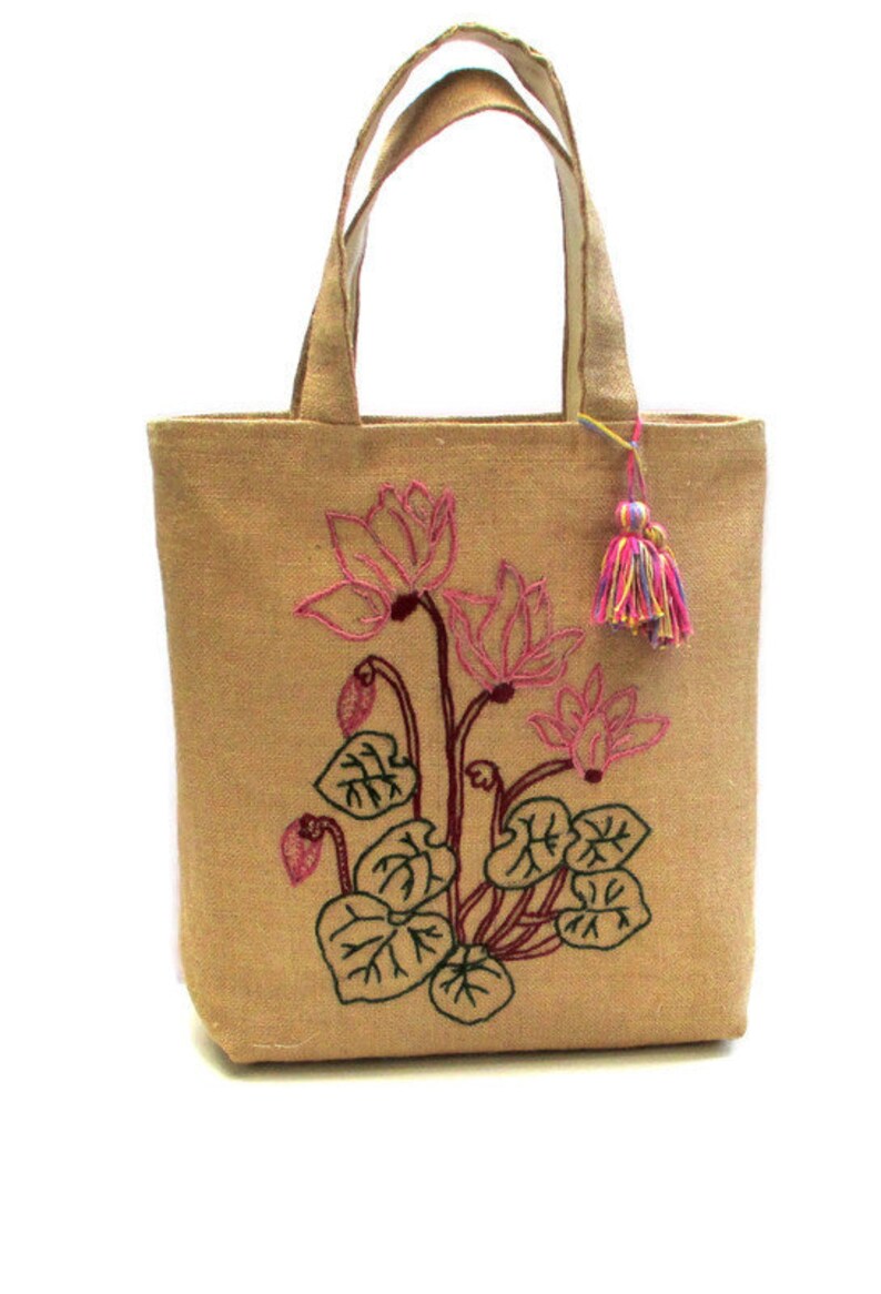 Cyclamen flowers hand embroidered jute tote bag, handmade, mothers day gift, Beach/summer/shopprs/carry all, Casual Tote Bag, image 1