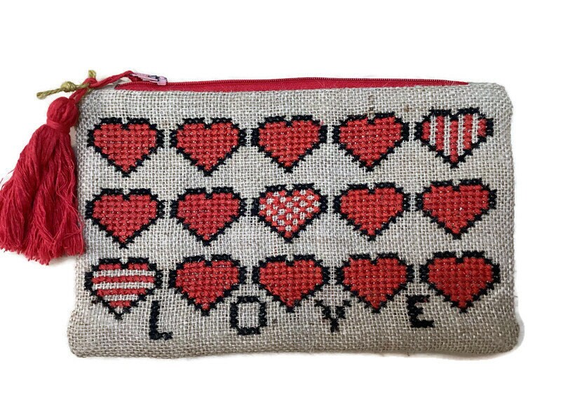 Handmade Pouch Hand Embroidered With Red Hearts, Accessories Pouch ...