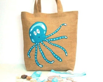 Dreaming Octopus, handmade summer jute tote bag, boho style,hand applique, hand embroidery, summer/beach/resort