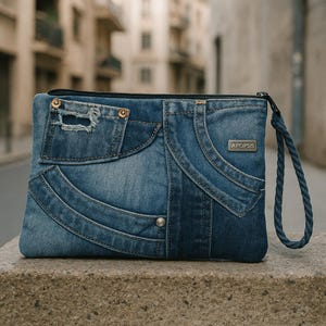 May include: A denim clutch with a zipper closure and a wrist strap. The clutch is made from various shades of blue denim, with a design that mimics the look of jeans. The word "APOPSIS" is visible on a small metal tag.