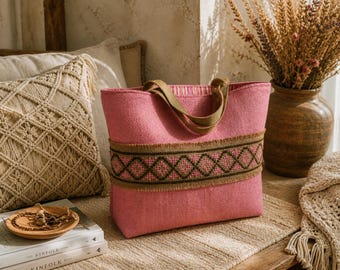 Hand Embroidered Linen Tote Bag, Pink Boho Tote, Rustic Linen Shoulder Bag, Handmade Summer Bag, Upcycled Textile Tote, Cottagecore Gift