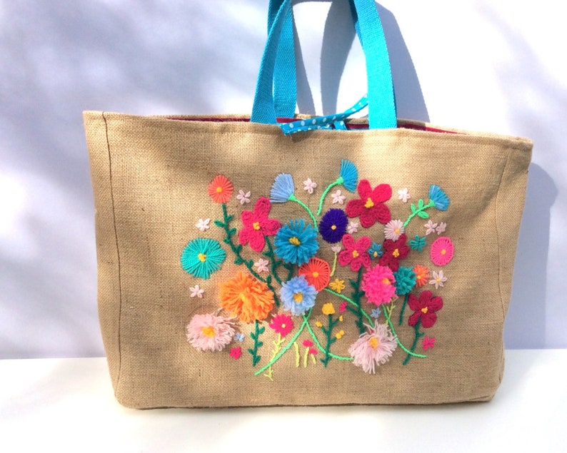 Summer flowers jute tote bag hand embroidered bag summer | Etsy