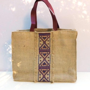 Boho chic jute bag, handmade, hand embroidered, beach/shoppers/casual bag,cross stitched, ecofriendly environment, one off bag