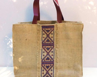 Boho chic jute bag, handmade, hand embroidered, beach/shoppers/casual bag,cross stitched, ecofriendly environment, one off bag