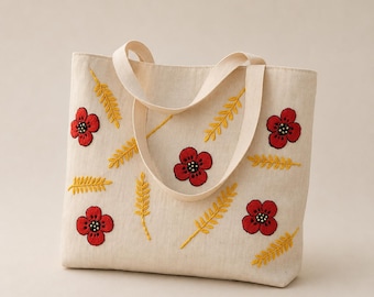 Handmade Linen Tote Bag: Embroidered Red Poppies & Wheat