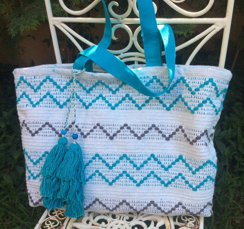 Carpet Blue, Woven,boho Shoppers Bag, Rag Rug Tote Bag, Boho Style ...