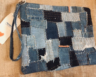 Denim Boro clutch bag, unisex, recycled jeans clutch bag, sashiko, wristlet pouch, hand stitched with strap, zero waste