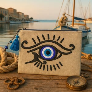 Stylish Evil Eye Canvas Pouch Bag - Handcrafted Clutch/Pouch with Intricate Embroidery, Perfect Evil Lovers Gift - ASTRA