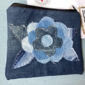 Denim pouch bag,recycled jeans pouch bag, wristlet, rose hand appliqued,zero waste, upcycled,rose pouch