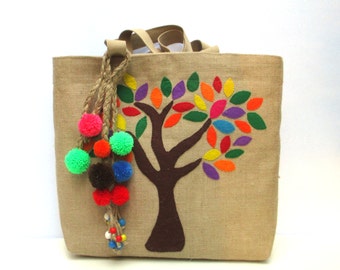 Boho Style Jute Tote with Colorful Appliqued Leaves & Pom-Poms/Handmade Beach/Summer Bag