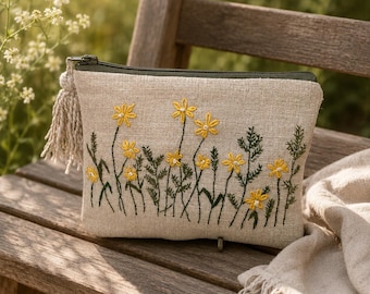 Handmade Linen Pouch Bag: Embroidered Daisies Accessories Case, Easter gift