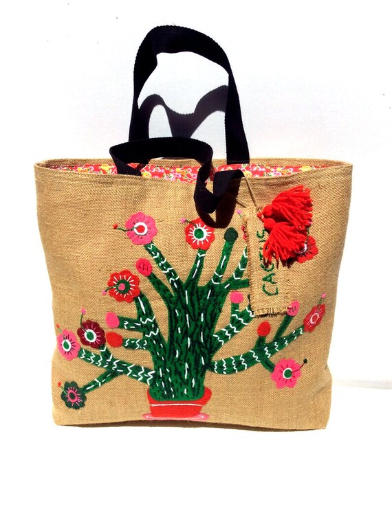 Handgenhte Jutetasche: Mexikanische Kaktus Stickerei, Liberty Baumwolle  Futter - Etsy sterreich