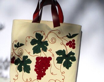Grapevine Canvas Tote, hand appliqué,Leather Straps, handmade ,Ready to Ship,mothers day gift