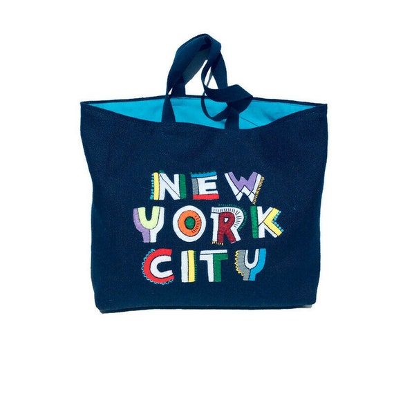 Embroidered NYC Denim Tote Bag: Colorful Urban Shopper - Etsy