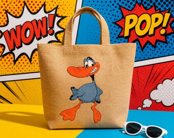 Hand Embroidered Duck Jute Tote Bag: Eco-Friendly Cartoon Shopper