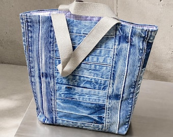 Upcycled Denim Tote Bag: Handmade Patchwork Sashiko,  Straps