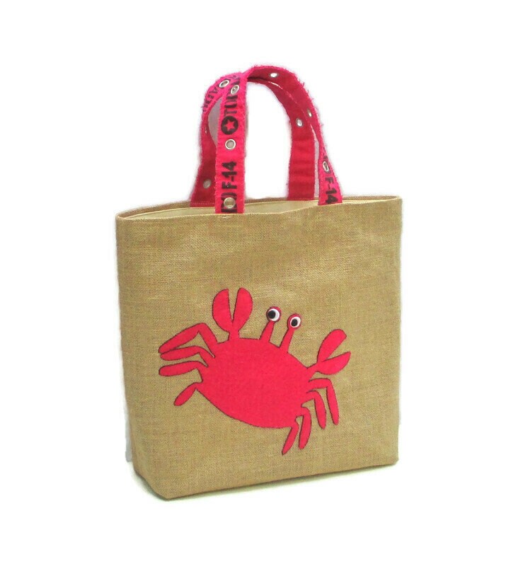 Pink Crab Beach Bag Handmade Summer Jute Tote Bag Hand Etsy