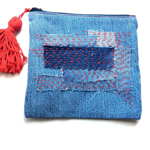 Denim Boro slow stitched denim pouch, made by recycled jeans, sashiko wristlet patchwork zipper pouch, zero waste, father's day gift