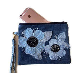Denim pouch/clutch bag,recycled jeans pouch bag, wristlet, hand appliqued,zero waste, upcycled,rose pouch