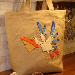 Seabird themed bag, Summer jute bag, hand applique, pelican bag, handmade, beach, summer tote, carryall, boho bag image 2