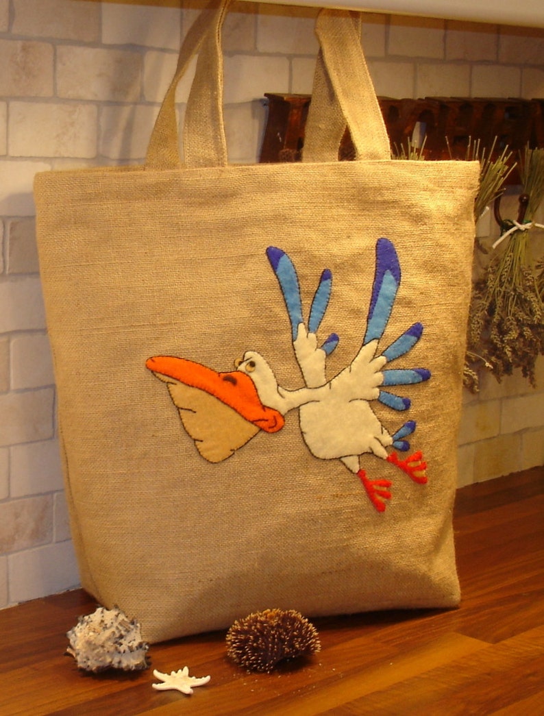 Seabird themed bag, Summer jute bag, hand applique, pelican bag, handmade, beach, summer tote, carryall, boho bag image 2