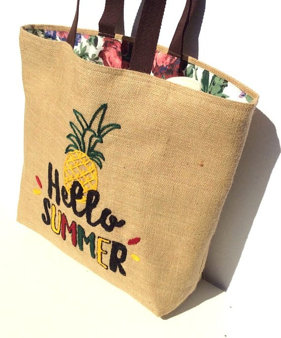 MOHANA Jute Tote Bag Hand Embroidered With Hello Summer - Etsy