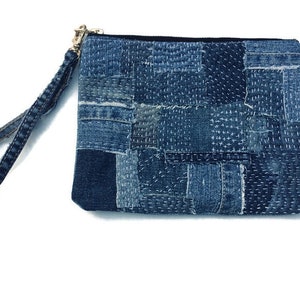 Bolso de mano Denim Boro, bolso de mano de jeans reciclados, bolso de mano sashiko con cremallera y patchwork, cosido a mano con correa, bolso de mano TAYEN