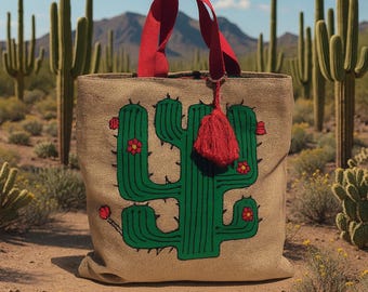 Boho Cactus Tote Bag – Hand-appliqued and Embroidered Jute with Red Tassel & Desert Flower Details