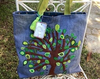 Denim Tote Bag/tree with green leaves/modern denim bag/Hand Appliquéd/ Hand Embroidered/Handmade/recycled