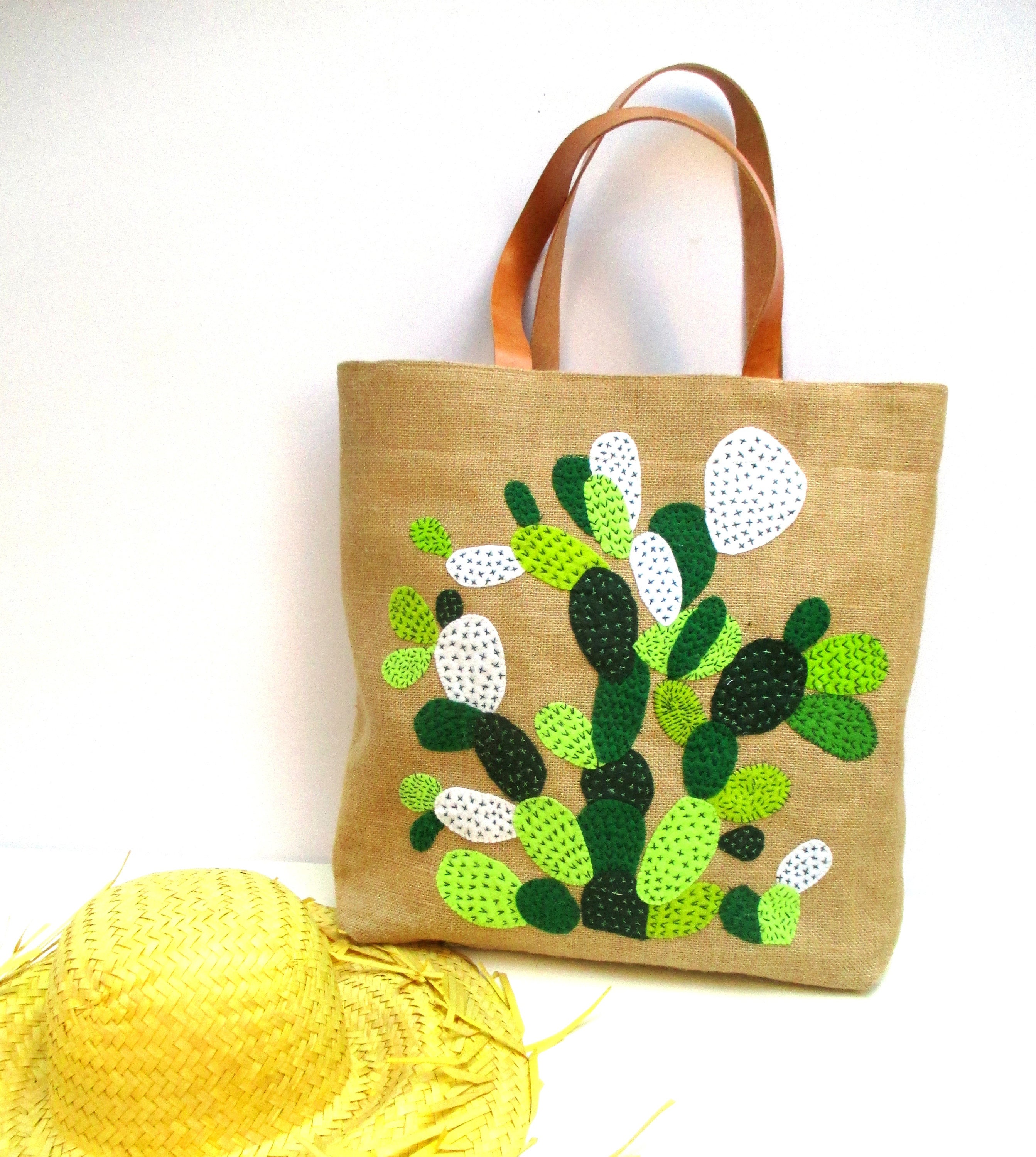 Cactus summer tote bag hand embroidered jute bohemian | Etsy