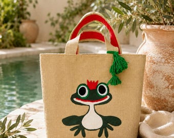 Handmade Jute Tote Bag: Appliqued Green Frog, Tassel Detail