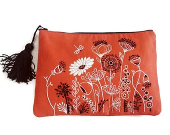 Hand embroidered clutch bag with floral pattern, orange canvas, handmade, unique gift, accessories pouch, ALLEGRA
