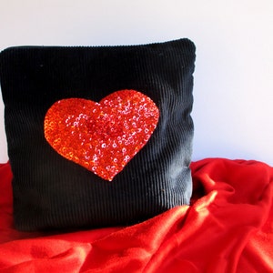 Blue corduroy pouch, hand embroidered with bead red heart, handmade valentines day LOVE gift, lavish pouch, FREYA image 1