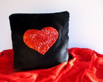 Blue corduroy pouch, hand embroidered with bead red heart, handmade valentines day LOVE gift, lavish pouch, FREYA