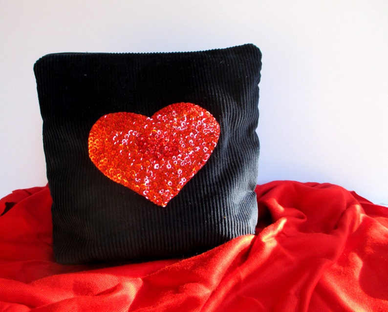 Blue corduroy pouch, hand embroidered with bead red heart, handmade valentines day LOVE gift, lavish pouch, FREYA image 1