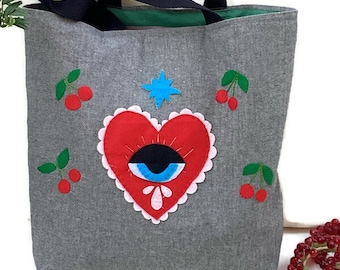 Handmade Gray Cotton Tote Bag with Red Heart Applique, Artisan Handcrafted Shopper's Bag,Distinctive and Unique, Valentines gift