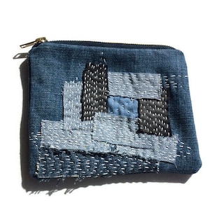 Upcycle Denim pouch bag, wristlet, patchwork, handmade, hand stitched,zero waste,recycled,sustainable