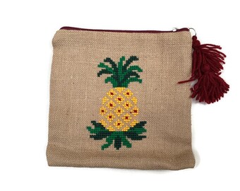 Pineapple jute pouch bag, hand embroidered boho pouch with summer fruits, one of a kind, handmade accessories pouch