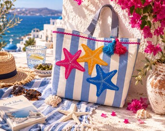 Handmade Mediterranean Beach Tote Bag with Starfish Appliqué | Coastal, Greek Island Inspired  | Seaside Vacation Bag | Boho Beach Carryall