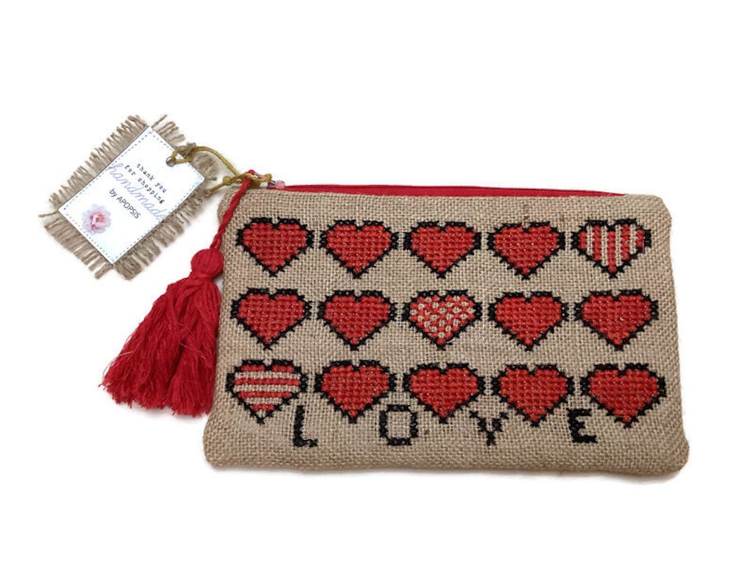 Handmade Pouch Hand Embroidered With Red Hearts, Accessories Pouch ...