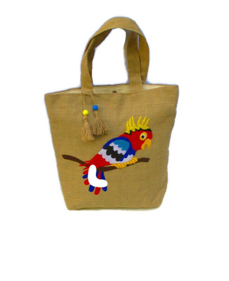 Tropical Parrot Bag Hand Applique Handmade Jute Tote Bag - Etsy